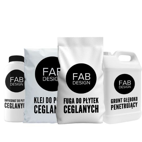 Zestaw akcesoriów FAB Design: impregnat 1 l z efektem mokrej cegły, elastyczny klej 25 kg, fuga 25 kg w kolorze cegły odporna na wilgoć oraz grunt 5 l wzmacniający podłoże – komplet do montażu płytek ceglanych.