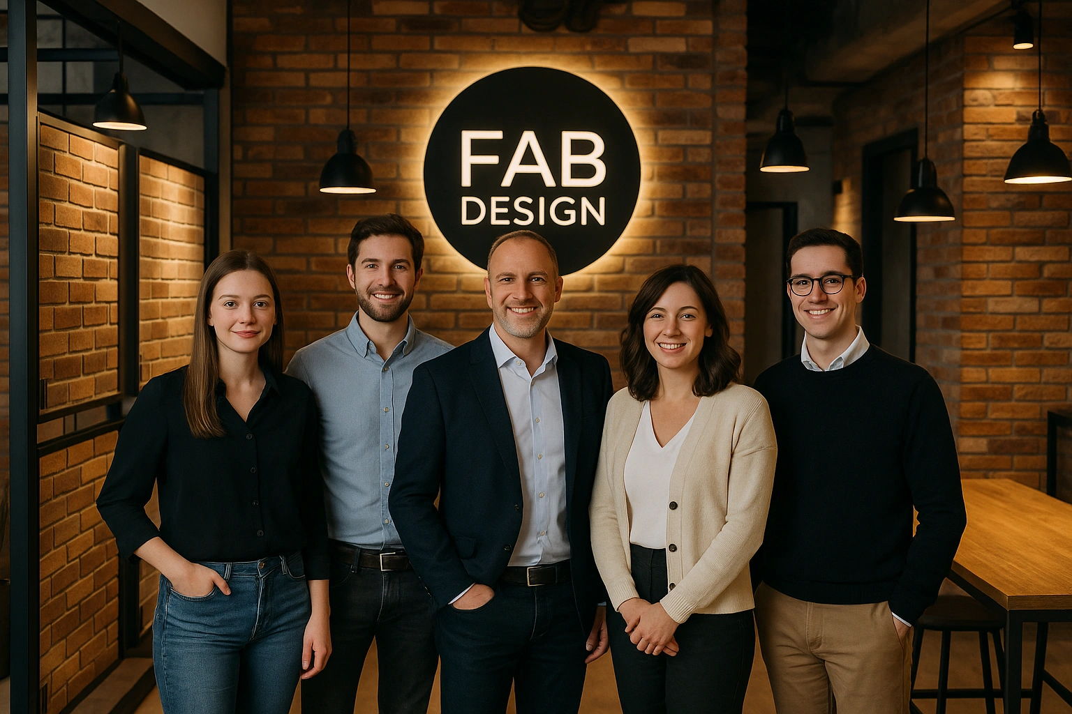Drużyna FAB Design, pozująca do zdjęcia w salonie